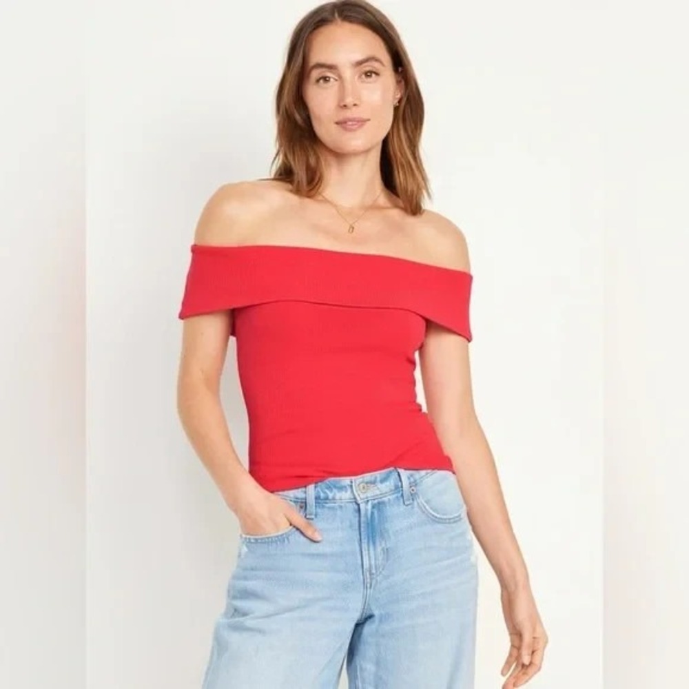 NWT Old Navy Women's L Red Off-Shoulder Ribbed Top Retro Baddie Date Night - Picture 7 of 7